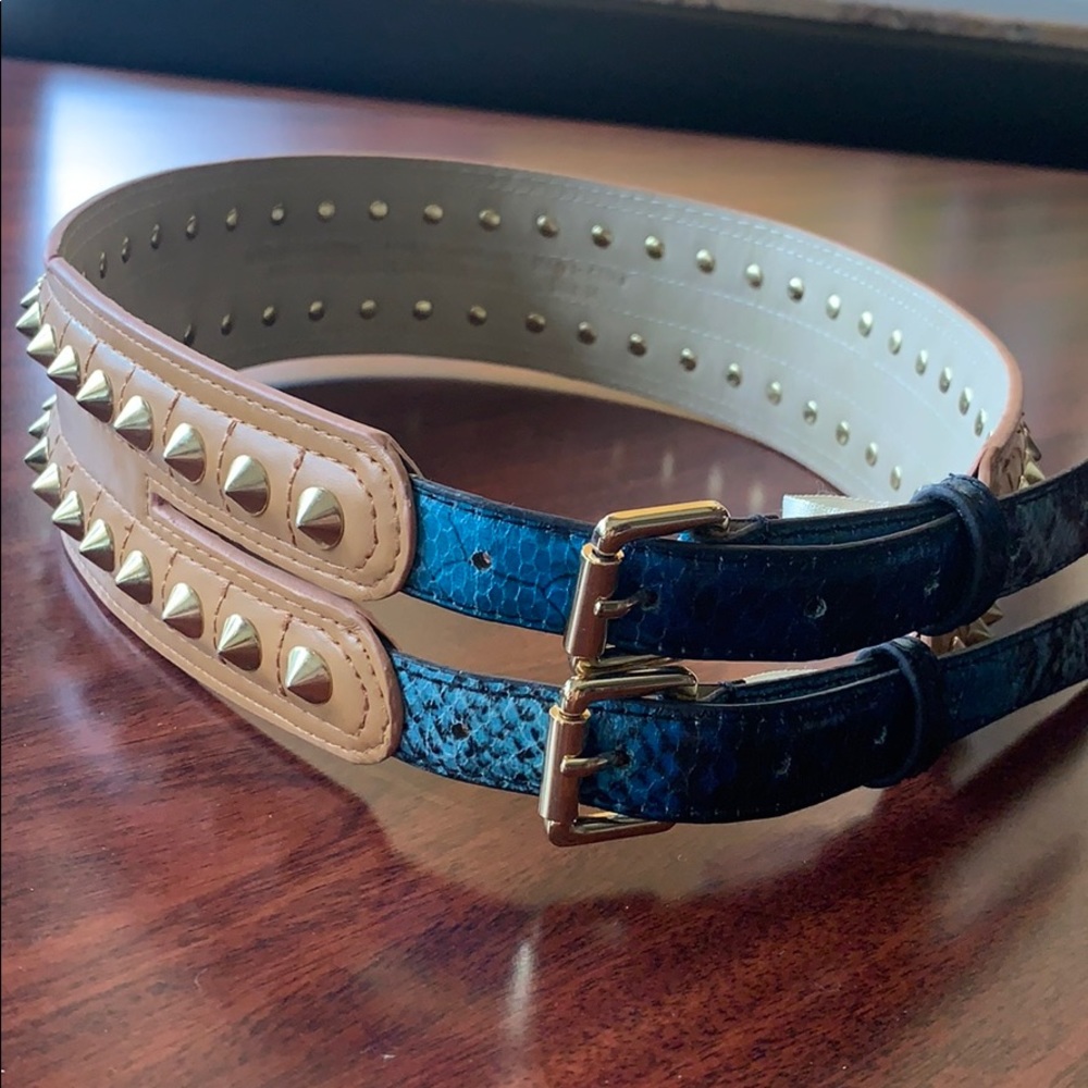 BCBG MaxAzria studded belt blue snake skin